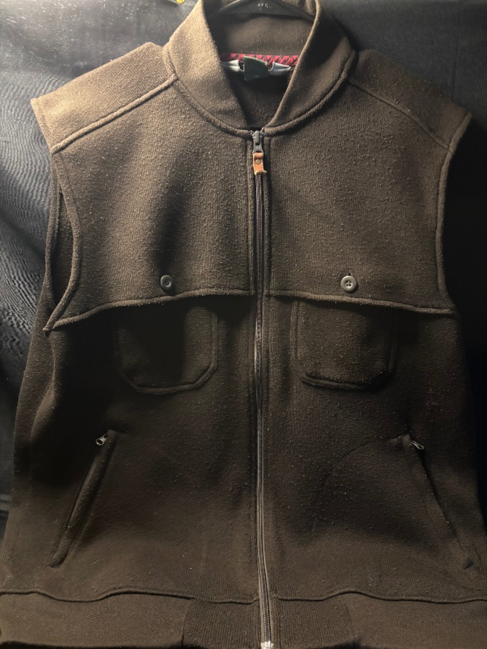 Woolrich Men’s Large Brown Full-Zip Sweater Vest Leather Pull Outdoor Workwear.